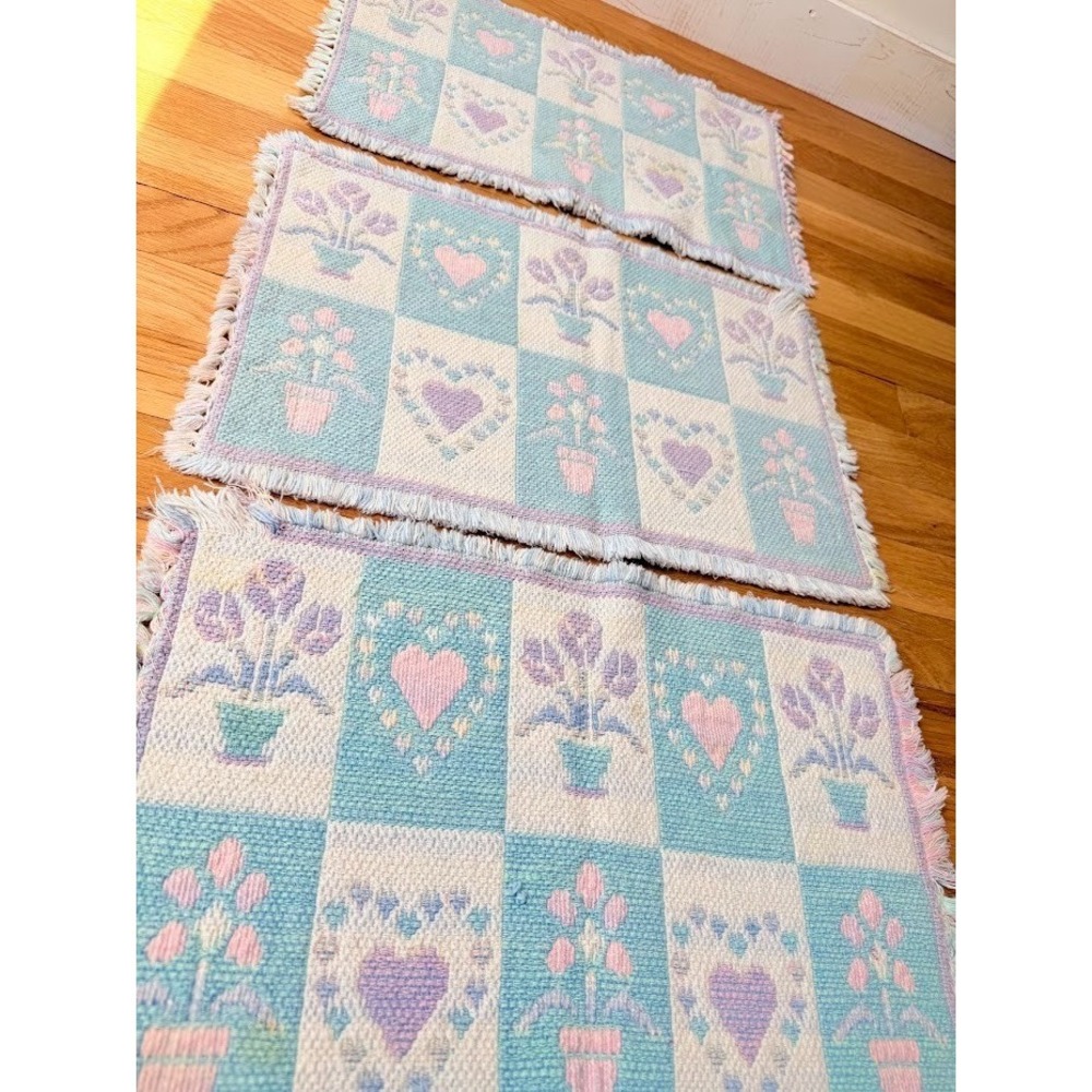 VTG 3 Pastel Heart Floral Placemats Rectangular 2 Sided 1990s Spring Cottagecore - Picture 11 of 15